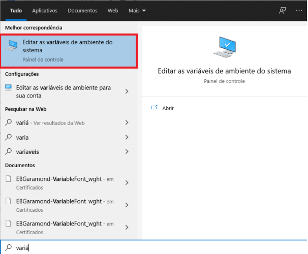 Pesquisa da barra de tarefas mostrando editar variáveis de ambiente do sistema com um quadrado vermelho destacando