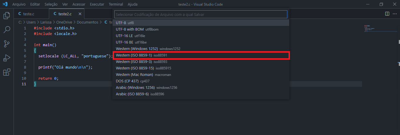 Imagem do Visual Studio Code com a opção Westem (ISO 8859-1) com destaque em vermelho