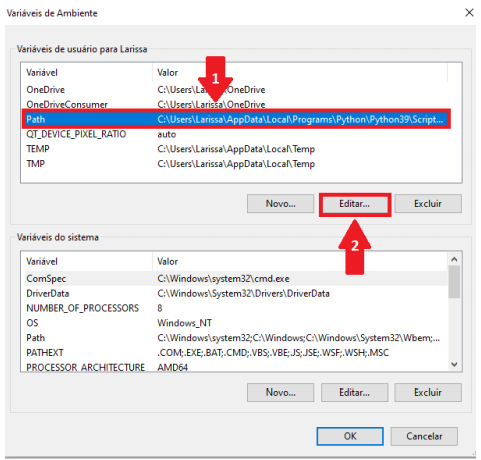 Janela com destaque vermelho e uma seta vermelha com um botão 1 na variável de usuário do tipo Path, além de um destaque vermelho no botão Editar...
