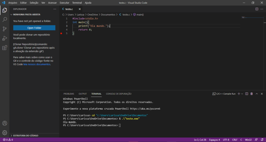 Imagem do Visual Studio Code com um programa simples e seu resultado