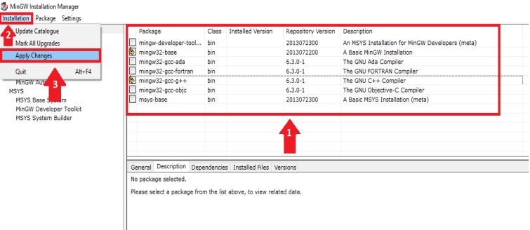 Página inicial do MinGW com mingw32-base e mingw32-gcc-g++ macada com uma caixa vermelha destacando as opções, além de uma seta vermelha com o número 1. Um destaque verlmelho no botão Installation, além de uma seta vermelha com o número 2. Um destaque vermelho com um seta vermelha com o número três  no botão Apply Changes