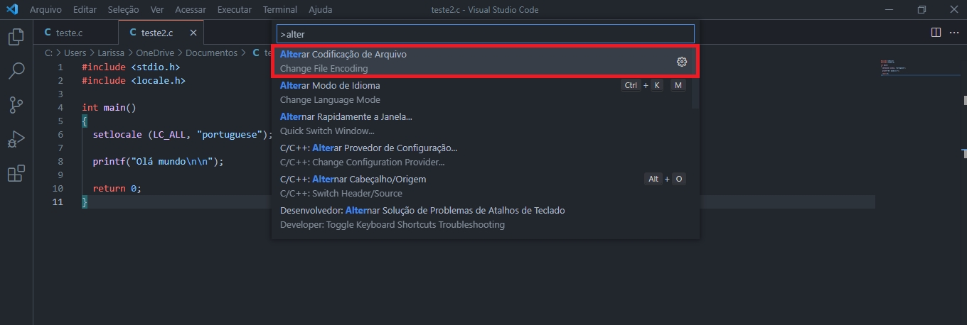 Imagem do Visual Studio Code com a opção Alterar Codificação do Arquivo com destaque em vermelho