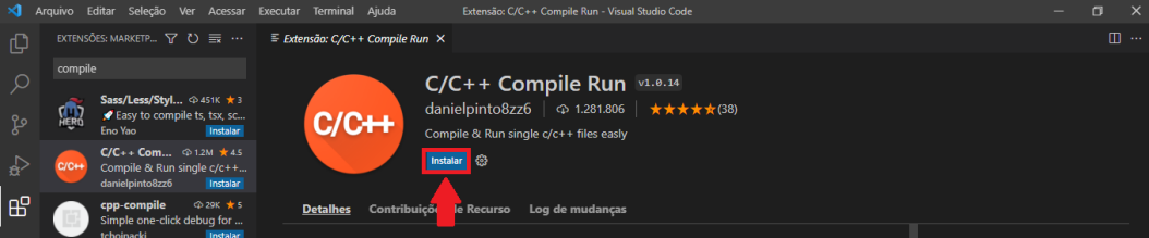 Imagem com a extensão C/C++ Compile Run com o botão instalar destacado com um quadrado vermelho e uma seta vermelha