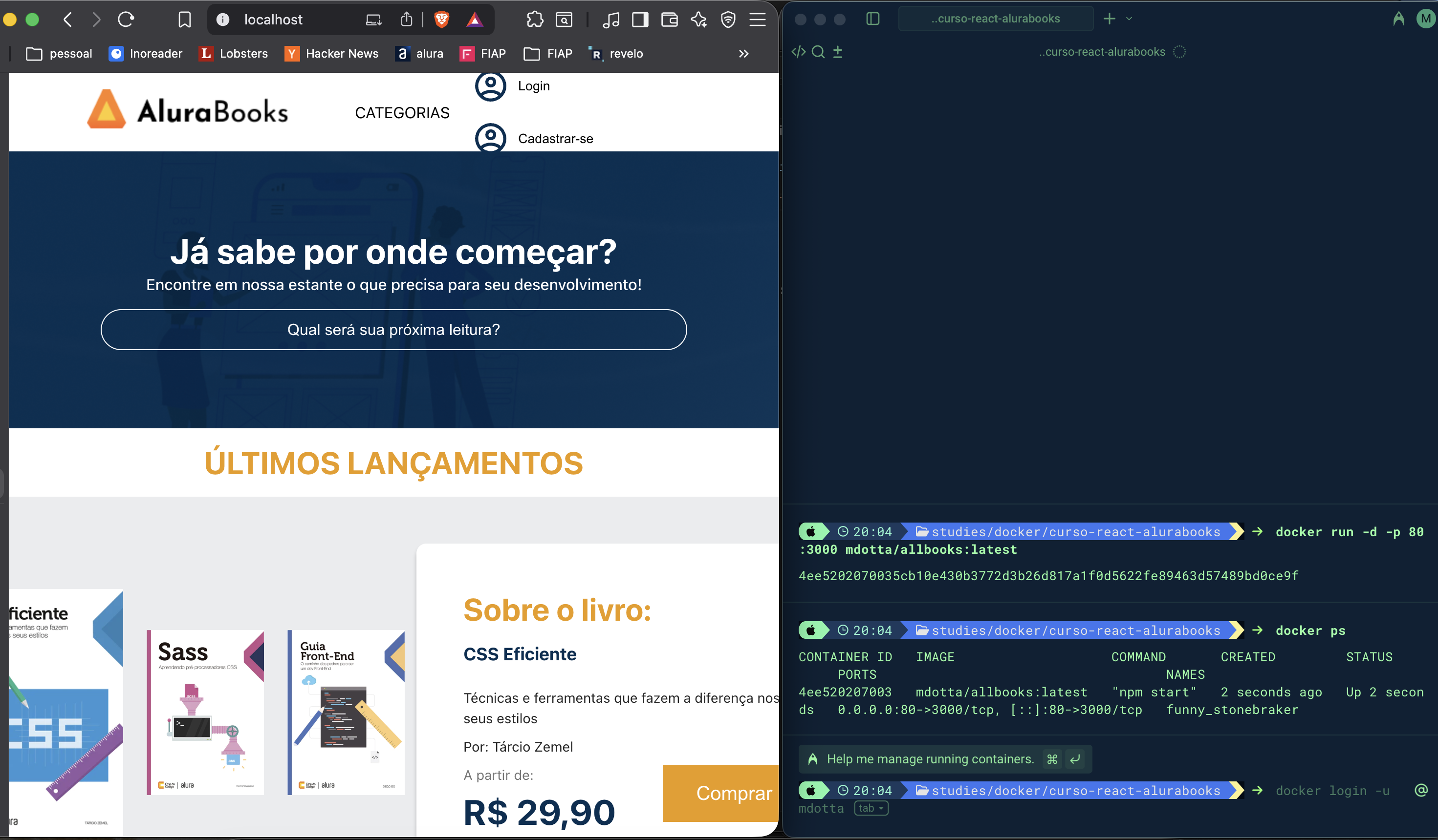 Print exibindo o projeto rodando em localhost e o container ativo no terminal