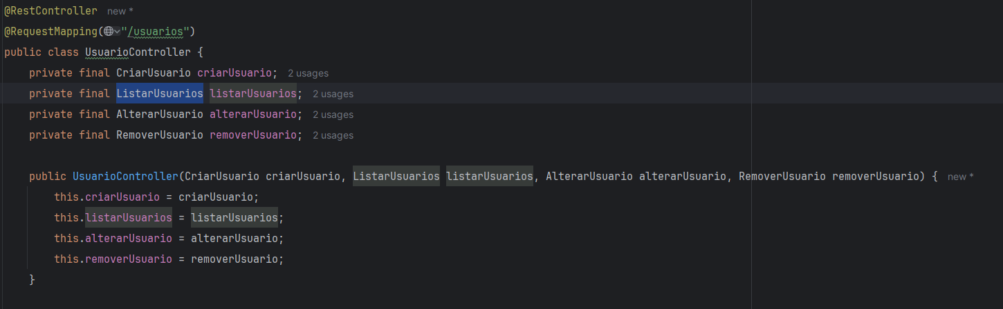 Classe UsuarioController com seu construtor