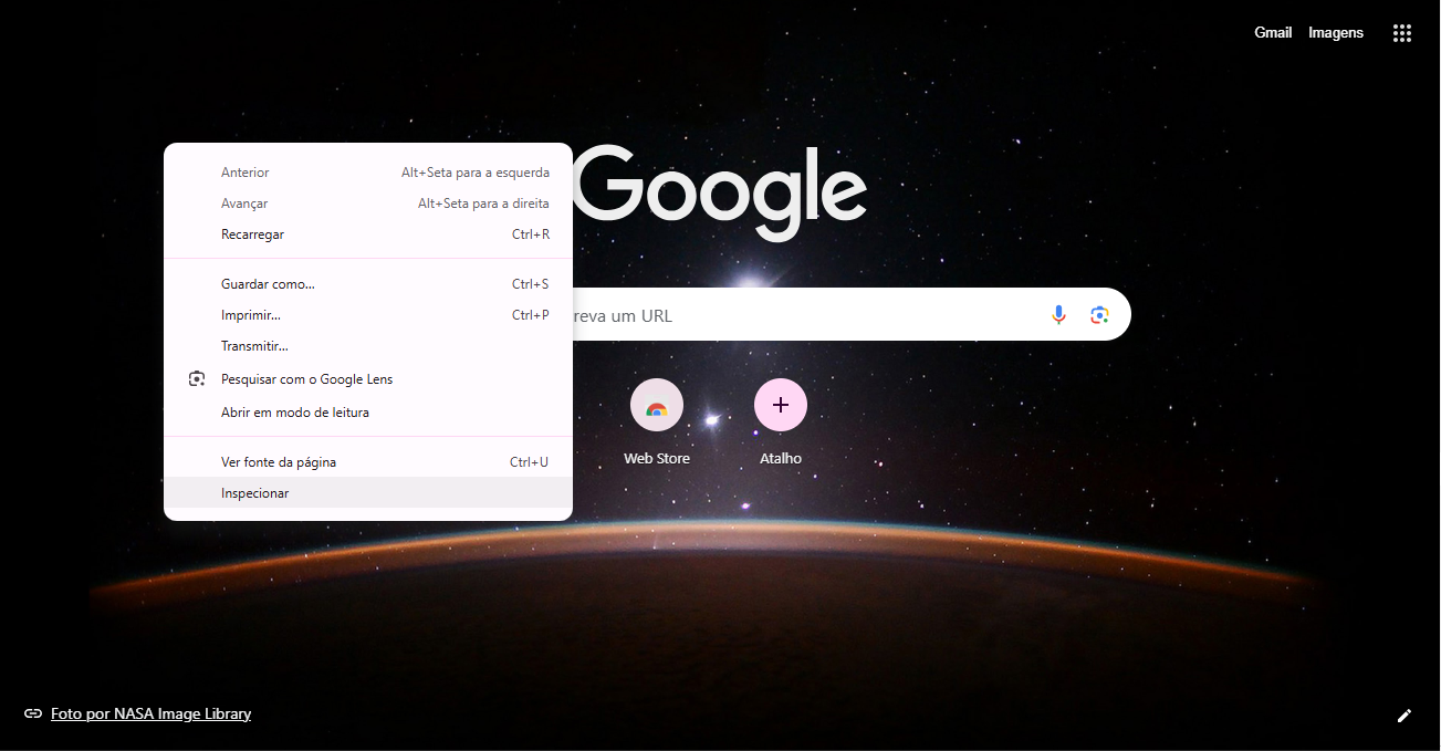 foto do navegador google chrome ao clicar no botão direito do mouse