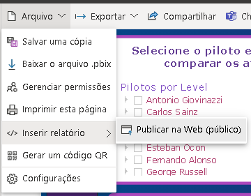 Imagem contendo o caminho "Arquivo", "Inserir relatório", "Publicar na Web (Público)"