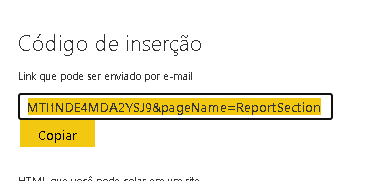 Imagem contendo o título "Código de inserção" com o descritivo "Link que pode ser enviado por e-mail",  logo abaixo um link do relatório e abaixo um botão escrito "Copiar"