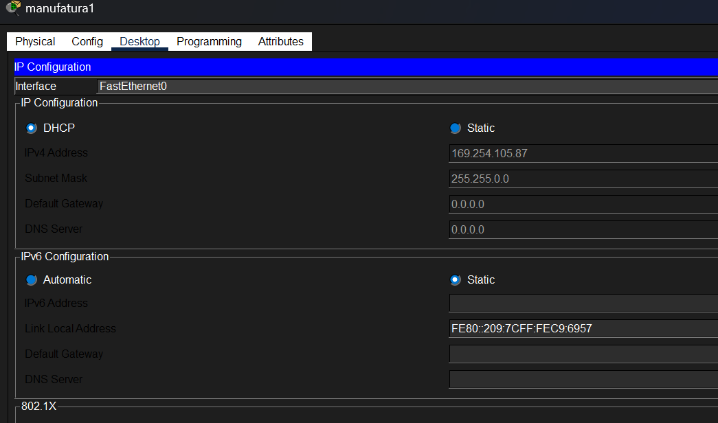 evidencia do computador configurado em DHCP