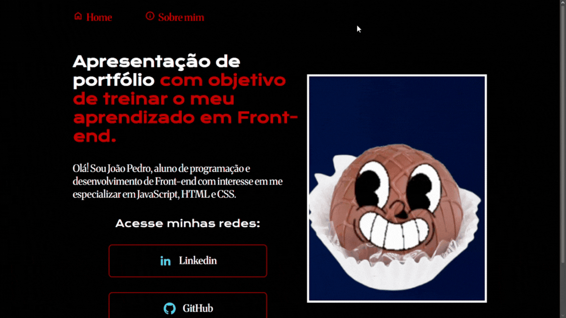 gif de exibição da pagina "portfólio" mostrando todos os elementos interativos