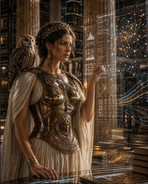 Athena, deusa grega da sabedoria, representada de forma hiper-realista como uma cientista de dados moderna. Ela usa uma armadura de bronze sobre uma túnica branca, com uma coruja pousada em seu ombro. À sua frente, há painéis holográficos com gráficos, redes neurais e visualizações de dados. O cenário mistura uma biblioteca clássica com colunas de mármore e tecnologia futurista, iluminado por uma luz dourada cinematográfica.