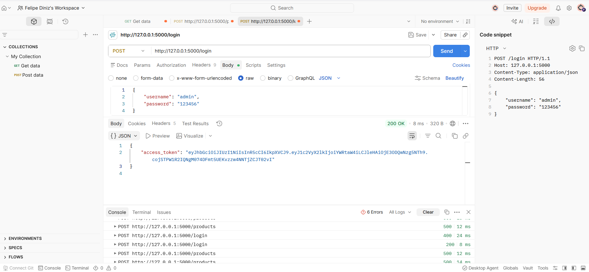 Print Postman rota /login