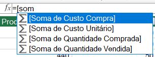 Dropdown com opções de campos para inserir na fórmula