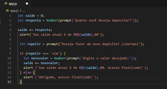 4 - Crie uma mensagem que informa o usuário sobre o saldo da conta, usando uma template string para incluir o valor do saldo.