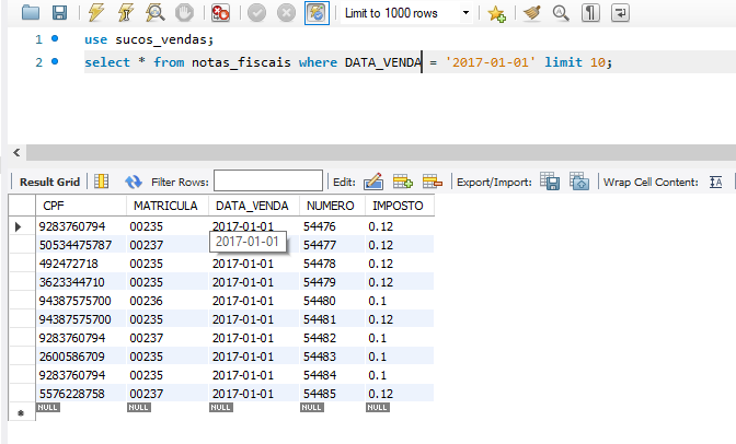 Imagem do workbench com o select que trás as dez primeiras vendas do dia 01-01-2017