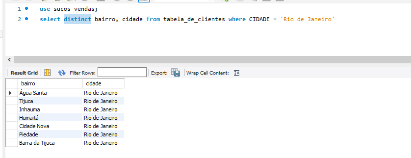 imagem do workbench com o select e o retorno select bairro, cidade from tabela_de_clientes where CIDADE = 'Rio de Janeiro