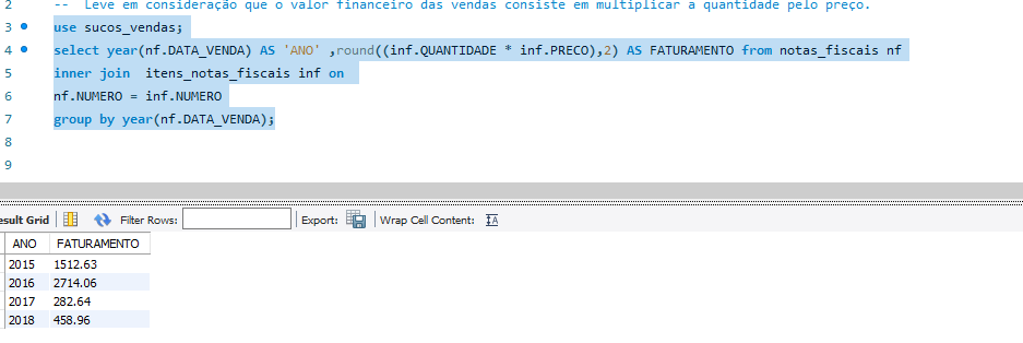 imagem com a resposta para o exercício use sucos_vendas;
select year(nf.DATA_VENDA) AS 'ANO' ,round((inf.QUANTIDADE * inf.PRECO),2) AS FATURAMENTO from notas_fiscais nf
inner join  itens_notas_fiscais inf on 
nf.NUMERO = inf.NUMERO
group by year(nf.DATA_VENDA);