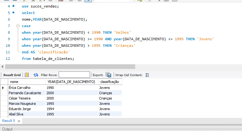 select 
nome,YEAR(DATA_DE_NASCIMENTO),
case 
when year(DATA_DE_NASCIMENTO) < 1990 THEN 'Velhos'
when year(DATA_DE_NASCIMENTO) >= 1990 AND year(DATA_DE_NASCIMENTO) <= 1995 THEN 'Jovens'
when year(DATA_DE_NASCIMENTO) > 1995 THEN 'Crianças'
end AS 'classificação'
from tabela_de_clientes;