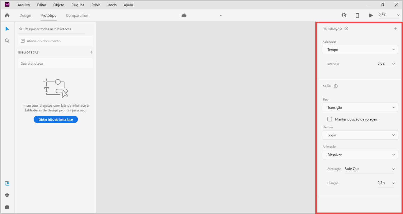 Tela do  aplicativo Adobe XD, na aba "Protótipo" e com foco no menu lateral direito, sobre as informações da interação