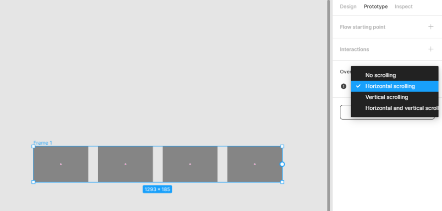 Aba "Prototype" do figma, com a opção "horizontal scrolling" selecionada