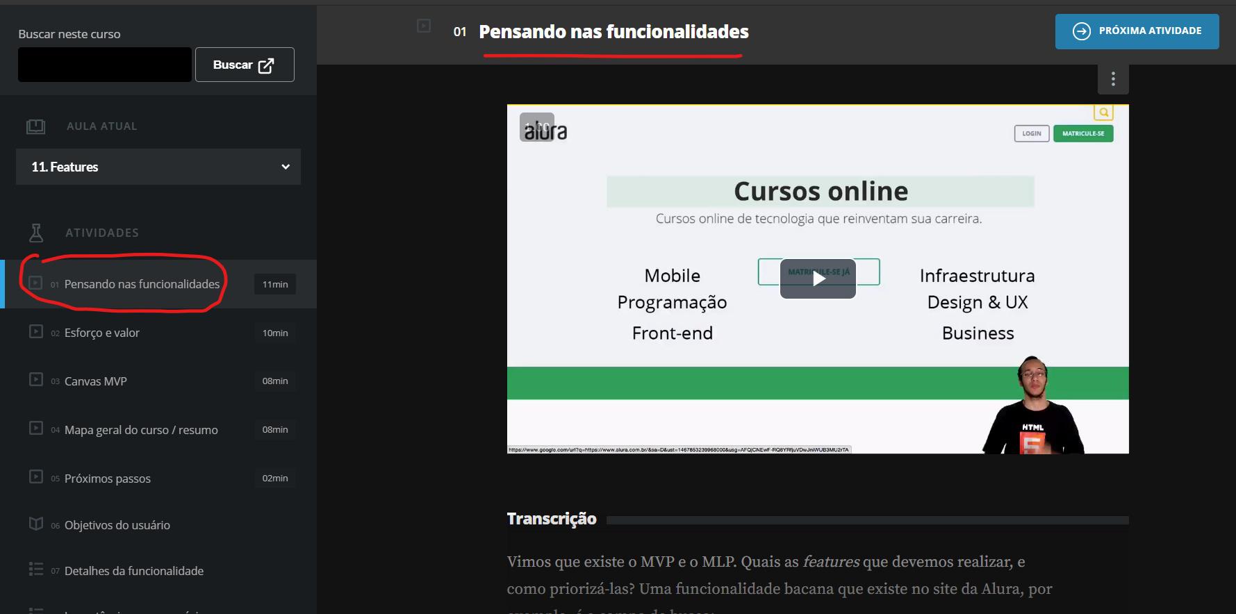 Print de uma tela do curso "UX Strategy: divegindo e afunilando ideias" no vídeo "Pensando nas funcionalidades"