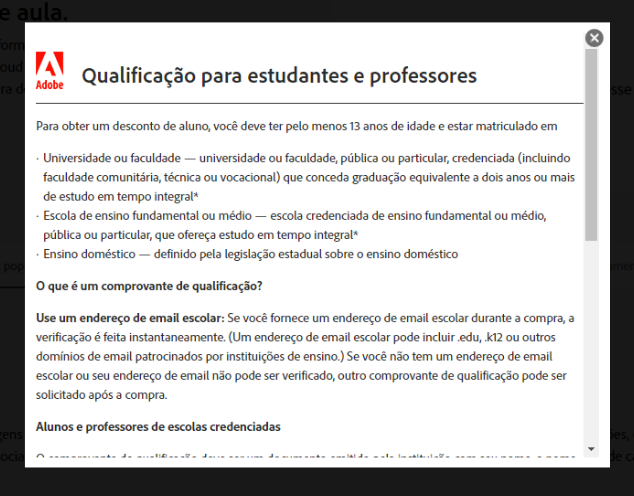 Políticas de qualificação do programa de descontos para alunos da adobe