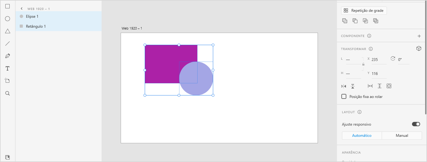 Tela do Adobe XD com um frame principal, nele, há duas formas selecionadas, um retângulo roxo e um círculo azul