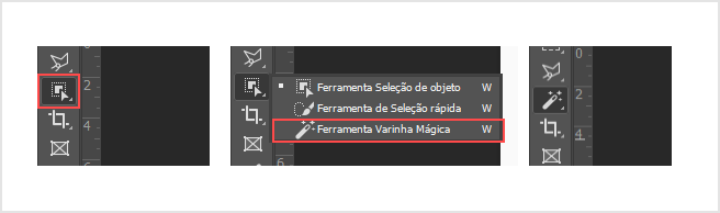 Menu lateral esquerdo do photoshop, com foco em achar a ferramenta varinha mágica, pela tecla W