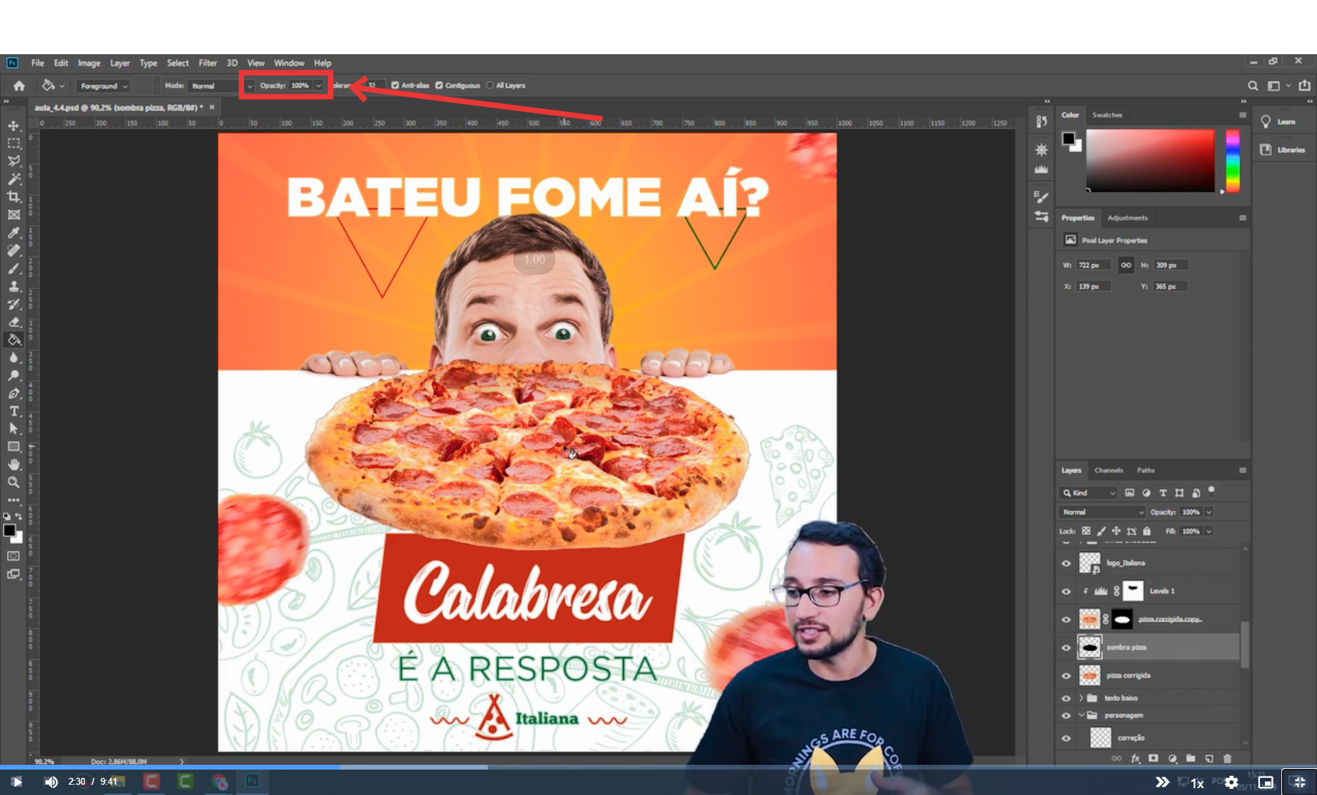 Print-screen da aula Criando Sombra da Pizza do curso de Introdução ao Adobe Photoshop, com foco no comando de opacidade da ferramenta balde de tinta