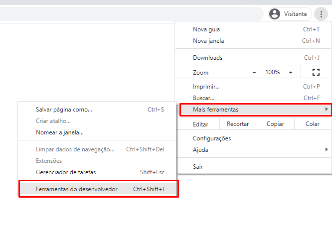 Imagem colorida. Print da tela com uma barra aberta após clicar nos três pontos, com a opção "Mais Ferramentas" marcadas em vermelho e em seguida a opção "Ferramentas do desenvolvedor" também marcada em vermelho.