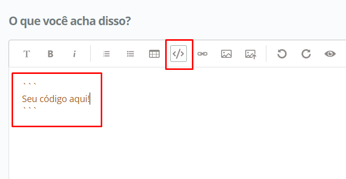 Imagem apresentando a barra superior da mensagem grifada em vermelho o botão Inserir bloco de código.