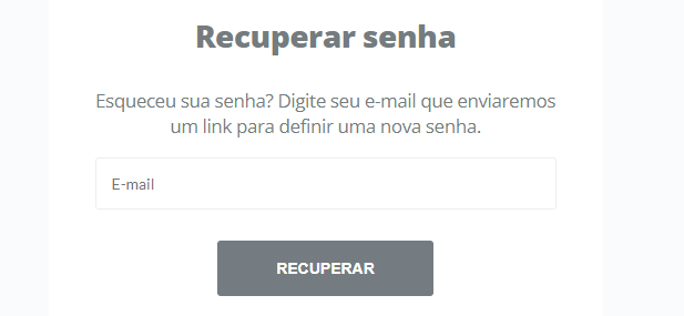 Imagem colorida. Àrea de recuperar senha da Alura, na parte superior com o título "Recuperar senha", "Esqueceu sua senha? Digite seu e-mail que enviaremos um link para definir uma nova senha", logo em seguida o campo de inserir e-mail e mais abaixo o botão "Recuperar".