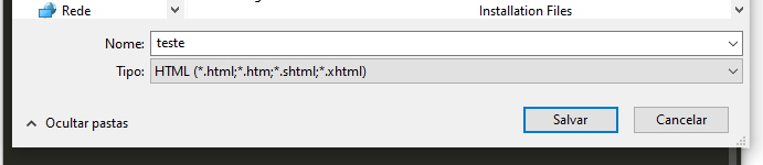 Imagem colorida. Bloco da parte "salvar como" do sublime text, destacando a parte "Nome:" preenchido com a palavra "teste" e "Tipo:" selecionado como "HTML".