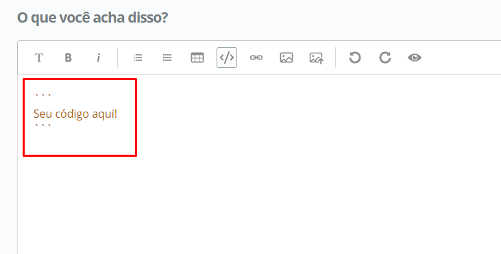 Imagem da caixa de texto do fórum com o botão "inserir bloco de código" destacado com uma linha vermelha
