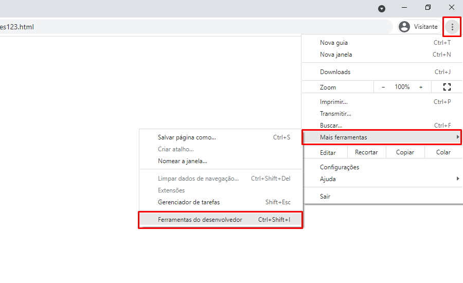 Imagem colorida. Print da tela com uma barra aberta após clicar nos três pontos, com a opção "Mais Ferramentas" marcadas em vermelho e em seguida a opção "Ferramentas do desenvolvedor" também marcada em vermelho.