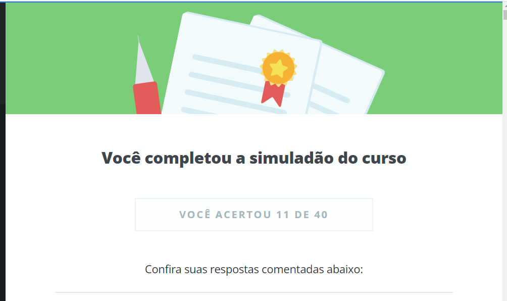 Imagem com o desenho de algumas avaliações escrito "você completou o simuladão do curso e acertou x de y