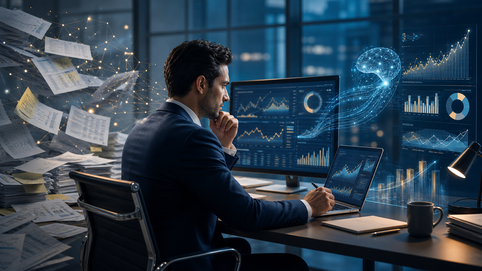 Segue a imagem gerada sobre o uso de IA para ajudar nas análises financeiras.