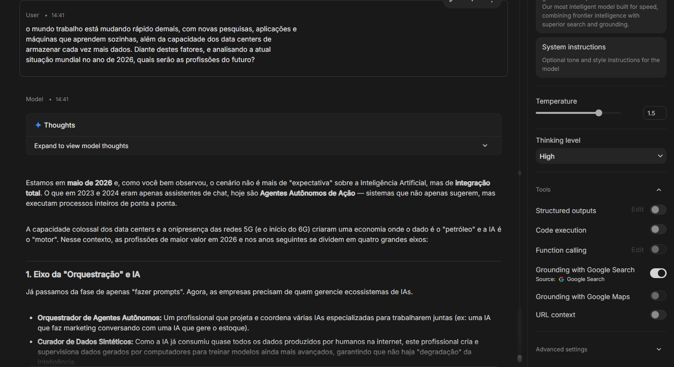 Na mesma linha, mas com um prompt mais elaborado, pedi ai Google AI Studio na temperatura de 1,5: