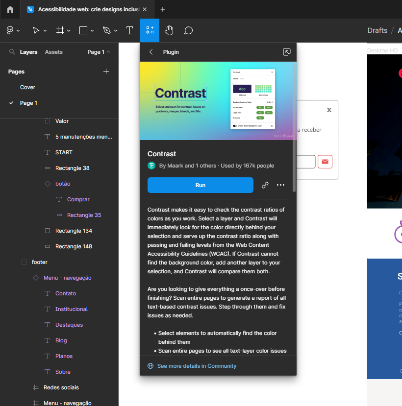 Captura de tela do Figma com o plugin Contrast selecionado e o botão azul com texto em branco escrito Run