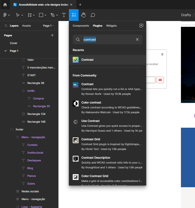 Captura de tela do Figma com Resources aberto e busca em plugins pela palavra Contrast feita