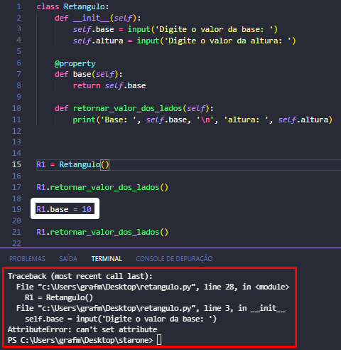 Exemplo de codigo, demonstrando oque acontecem se encapsulamos o codigo usando uma property