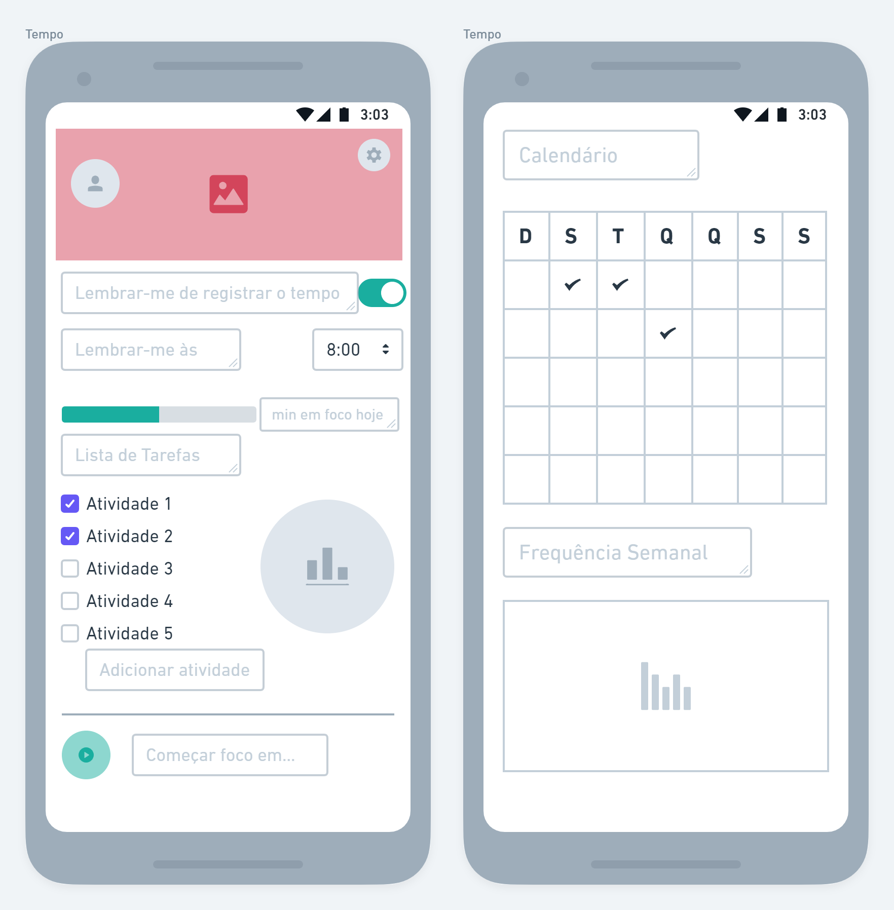 Duas telas do protótipo de app Tempo