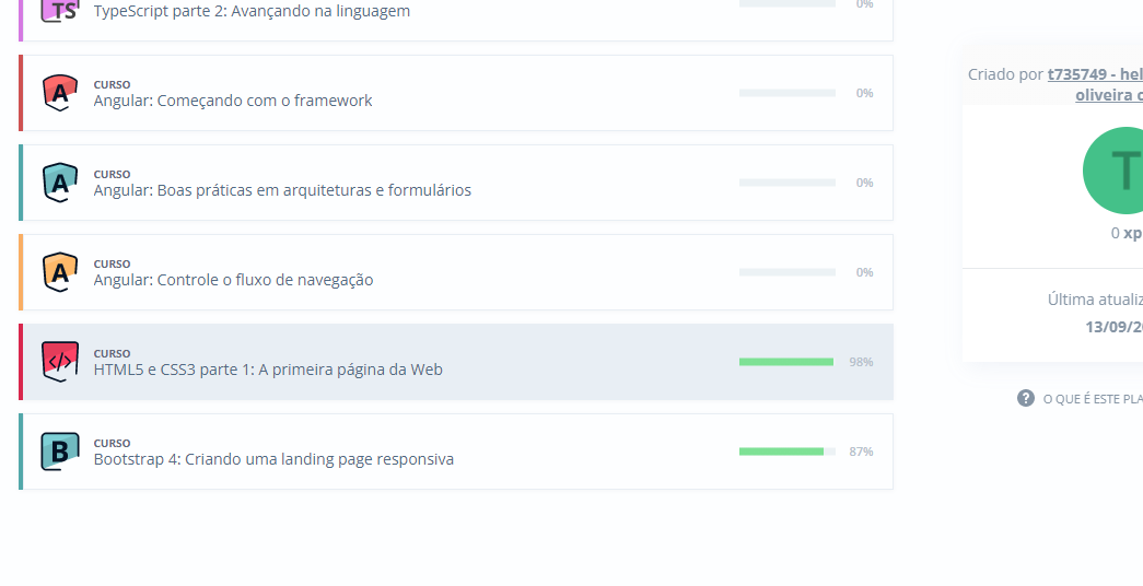 print da tela inicial da trilha onde mostra apenas 98% do curso concluido