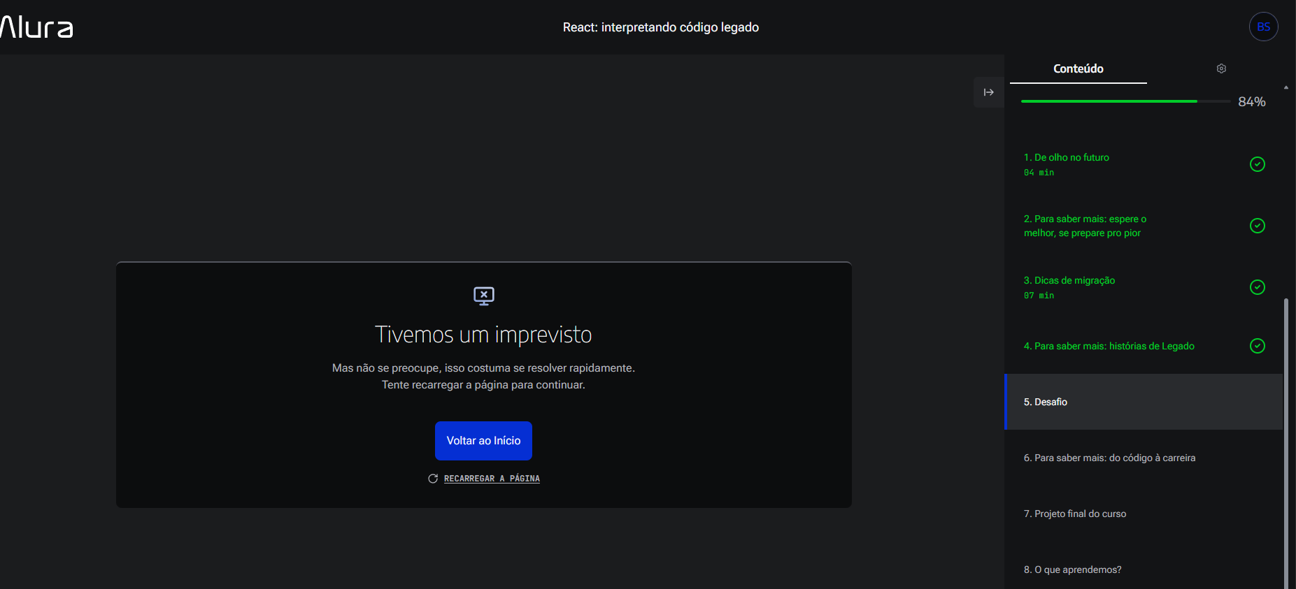 Erro ao entrar na atividade de desafio