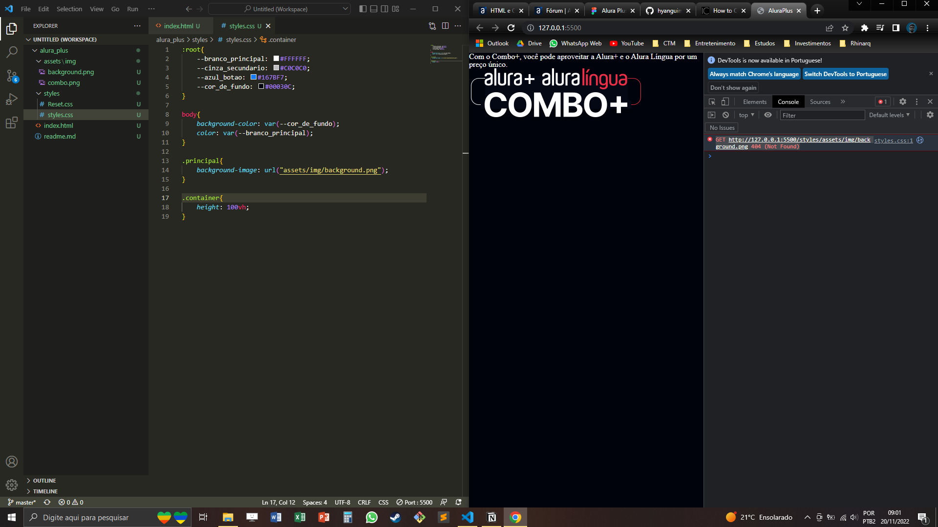 Print da tela mostrando à esquerda a janela do VSCode aberta no arquivo styles.css e à direita, o projeto carregado no navegador onde a imagem background não aparece e uma mensagem de erro consta no console log