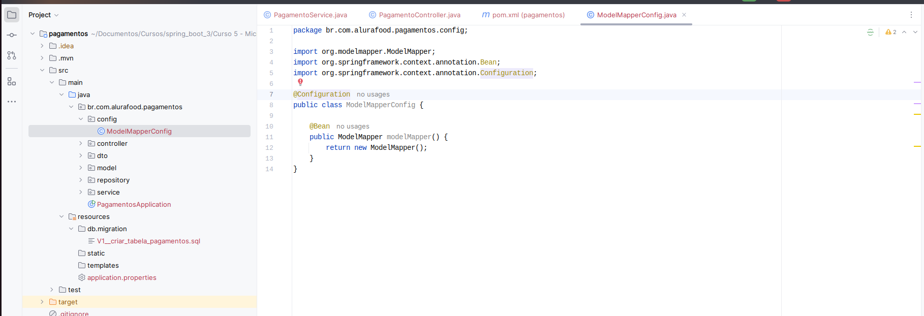 imagem com a criacao de estrutura de pacotes e classe de configuracao de bean para o model mapper