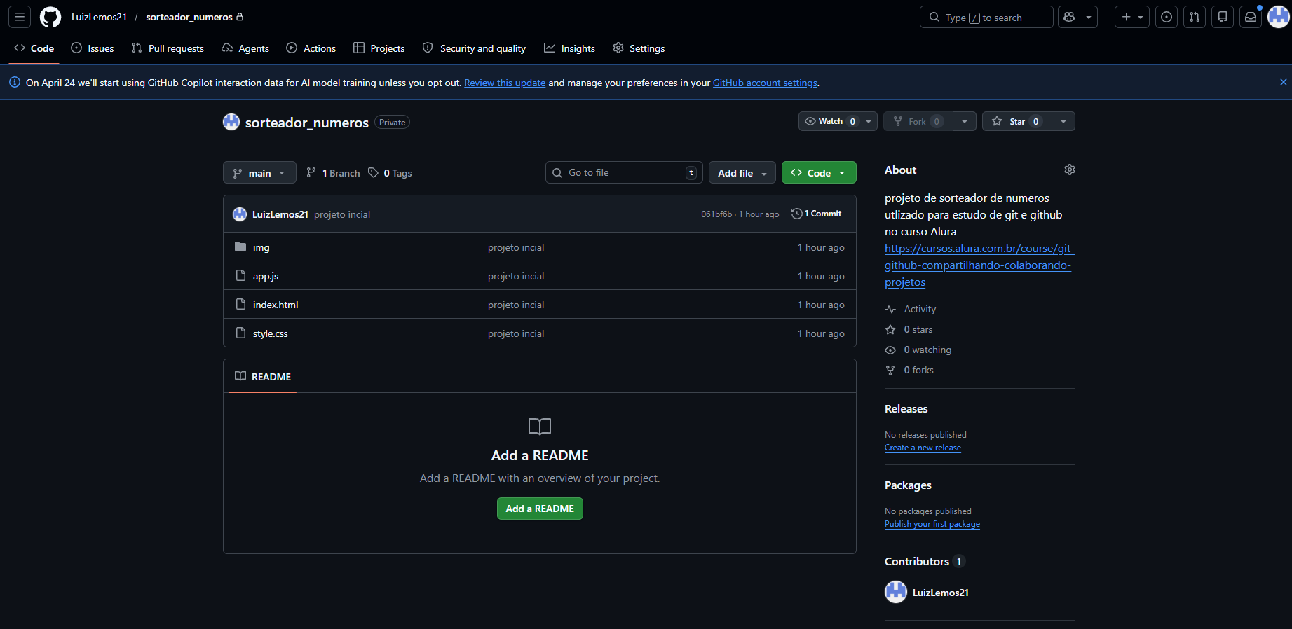 print do projeto no meu GitHub com todos os arquivos corretamente enviados