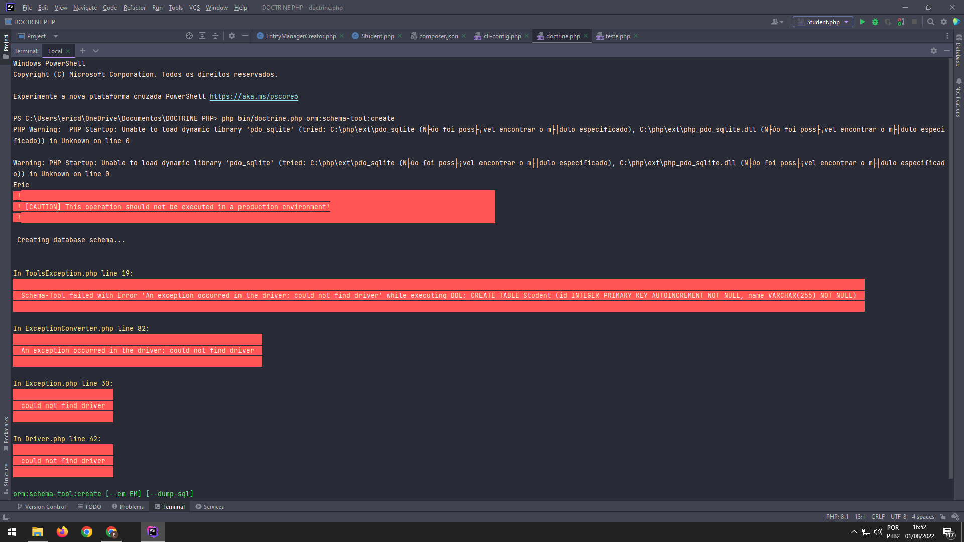 Esse foi o novo erro retornado após ter descomentado a linha extension=pdo_sqlite no arquivo 