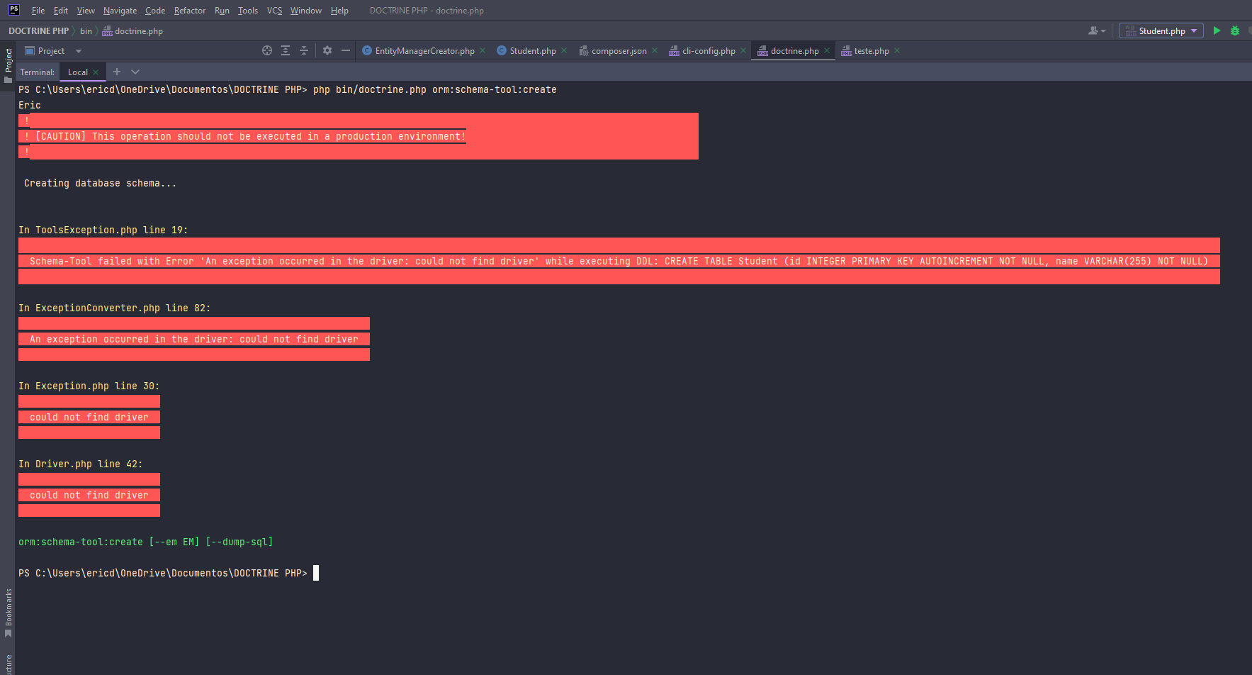 De inicio ele estava dando erro no driver, então eu fui até a pasta no arquivo .ini e descomentei a linha extension=pdo_sqlite para ver se o código funcionava e me retornou outro erro.