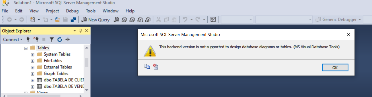 erro no SQL Management Studio ao utilizar o assitente